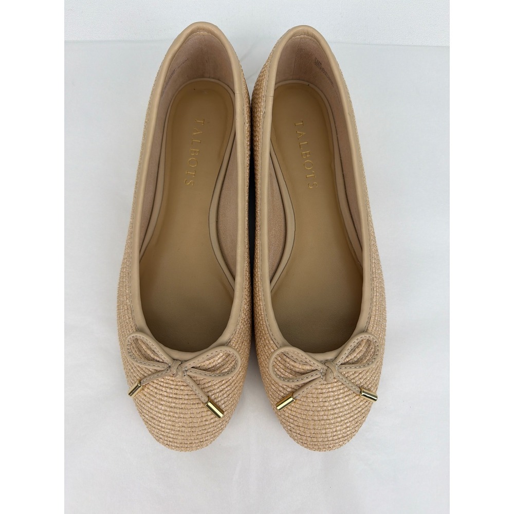 Talbots Ballet Flats 7.5 Beige Woven Raffia Bow Coastal Preppy Summer